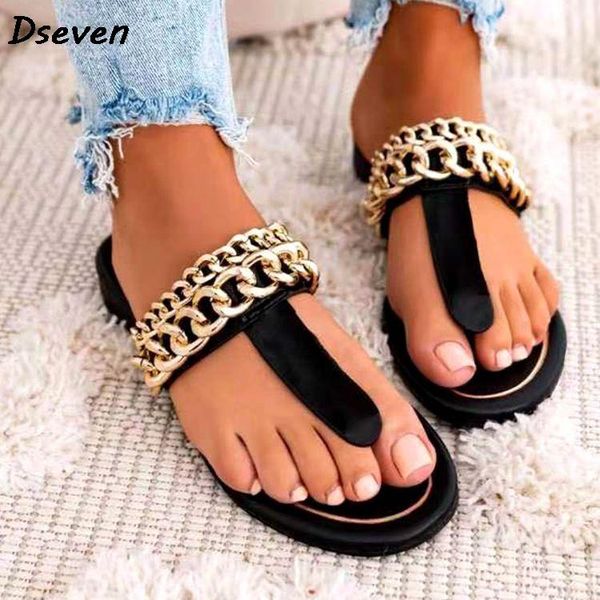 

slippers women summer style large size flip-flop sandals round toe flat bottom fashion chain woman beach shoes, Black