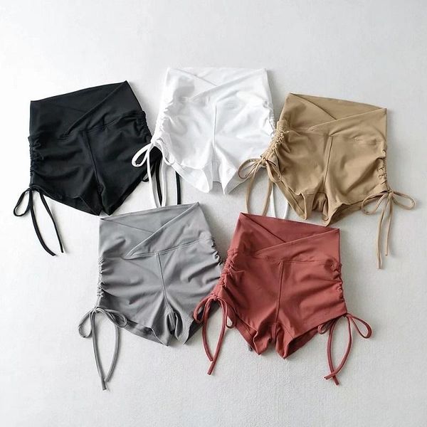 

women's shorts tight-fitting high-waist pack hip fitness exercise side drawstring folds women casual, White;black