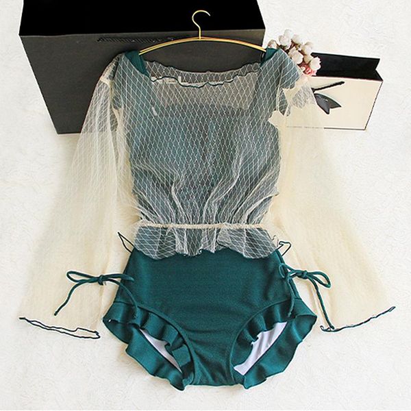 

suits female conjoined conservative 2021 retro green long-sleeved blouse ins web celebrity swimsuit small breasts one-piece