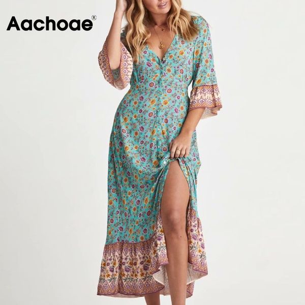

summer floral print long a line vintage women v neck flare half sleeve holiday dress female bohemian beach dresses 210413, Black;gray