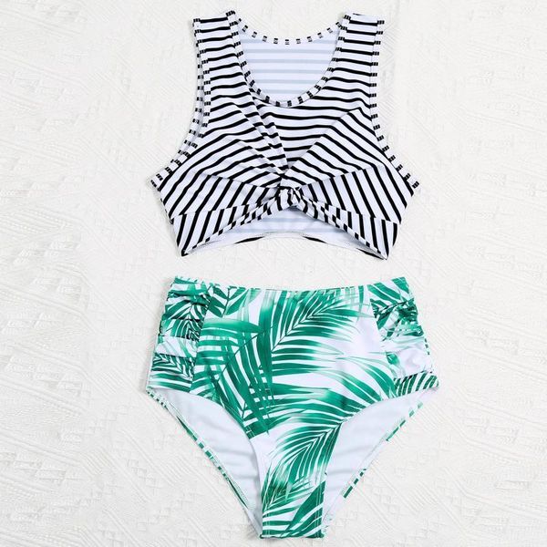 

leaf print push up bikini women swimsuit high waist swimwear two piece bathing suit striped beachwear biquini #zq women's, White;black