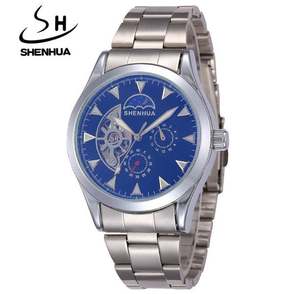 

wristwatches 2021 shenhua watches moon phase watch men male waterproof clock tourbillon automatic mechanical skeleton, Slivery;brown