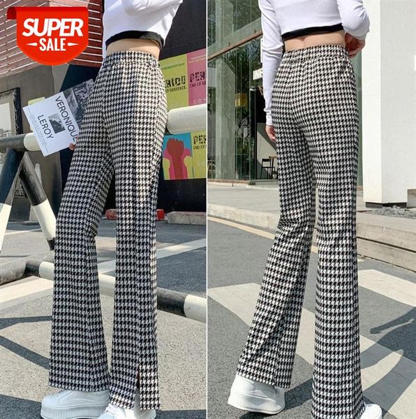 

women's slit mopping pants high waist drape casual flared plaid wide-leg #qi9s, Black;gray