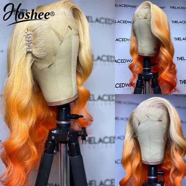 

ombre body wave lace front wig orange colored human hair peruvian remy wigs for women transparent 200% full, Black;brown