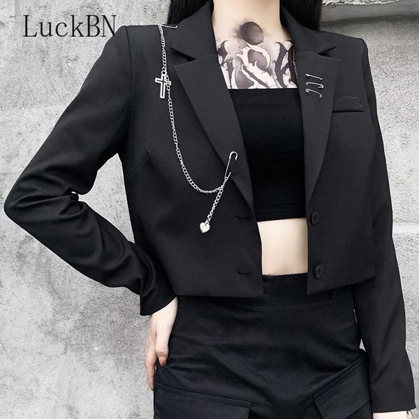 

women clothing punk gothic black blazer harajuku streetwear metal chain patchwork suit office ladies commute short coat 2021 women's su, White;black