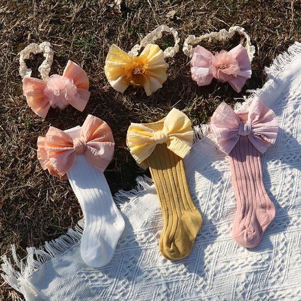 

socks born baby girls fashion bowknot and headband set, for kids, Pink;yellow