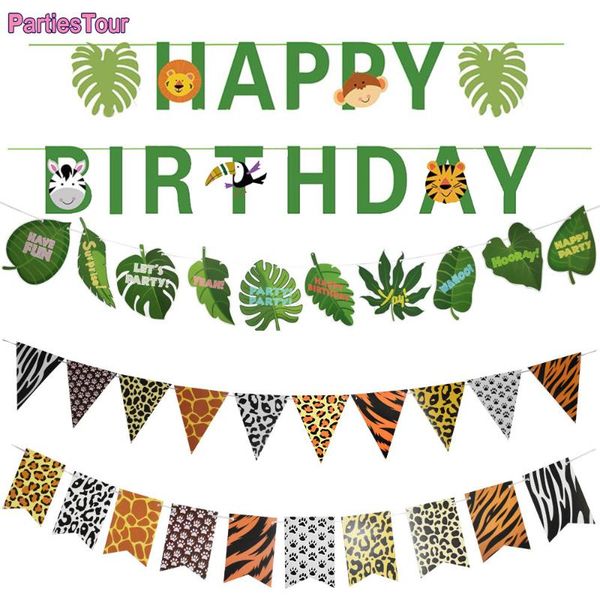 

party decoration jungle safari banner birthday wild one theme tigers leopards leaves paper pennant baby shower animal zoo supplies