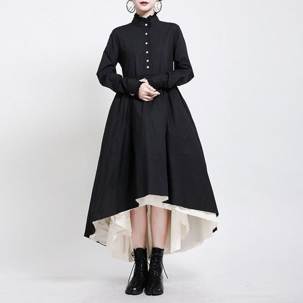 

casual dresses women elegant stand collar black dress high street solid color a line irregular puff, Black;gray