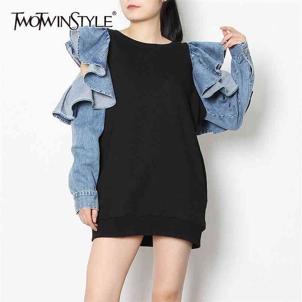 

spring patchwork denim ruffle sweatshirt for women o neck long sleeve casual sweatshirts female fashion clothes 210524, Black