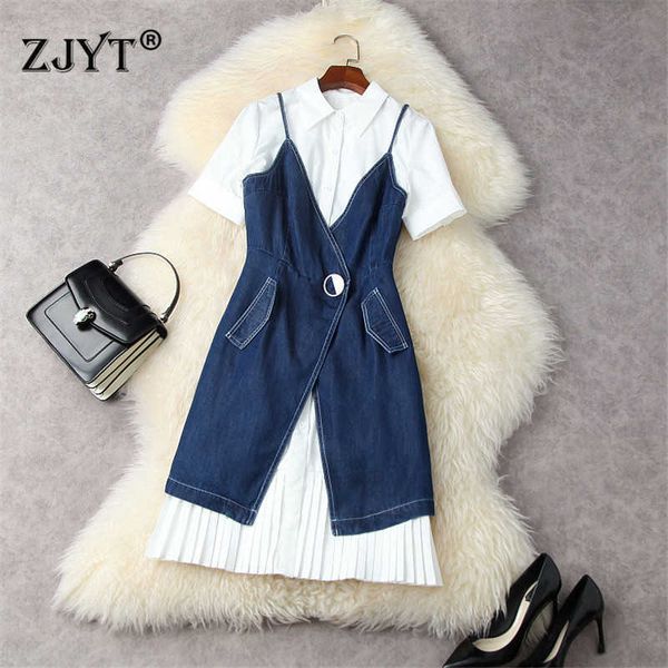 

high street fashion summer short sleeve pleated white shirt denim dress 2 piece suit women robe office lady vestidos 210601, Black;gray