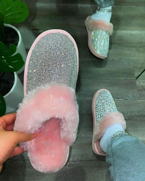 

fashion roman rhinestone outdoor large size baotou female plush cotton slippers 2021 winter candy color warm, Black