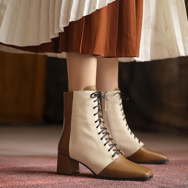 

boots women 2021 chunky heels winter vintage shoes designer ankle for fashion leather lace up brown, Black