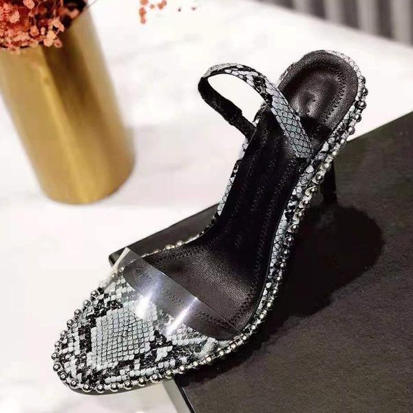

summer fashion super high heel snake print fish mouth women's shoes large size stiletto round flat sandals dress, Black