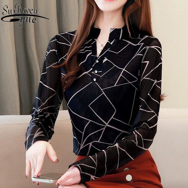 

blusas mujer de moda 2021 chiffon blouse shirt black long sleeve koren button geometric v-neck ladies plus size 8117 50 women's blo, White