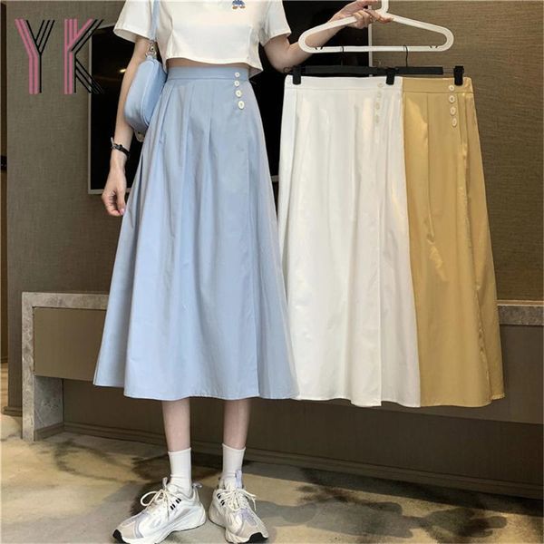 

skirts back elastic button high waist solid color midi summer sweet simple long korean student casual a-line saia, Black