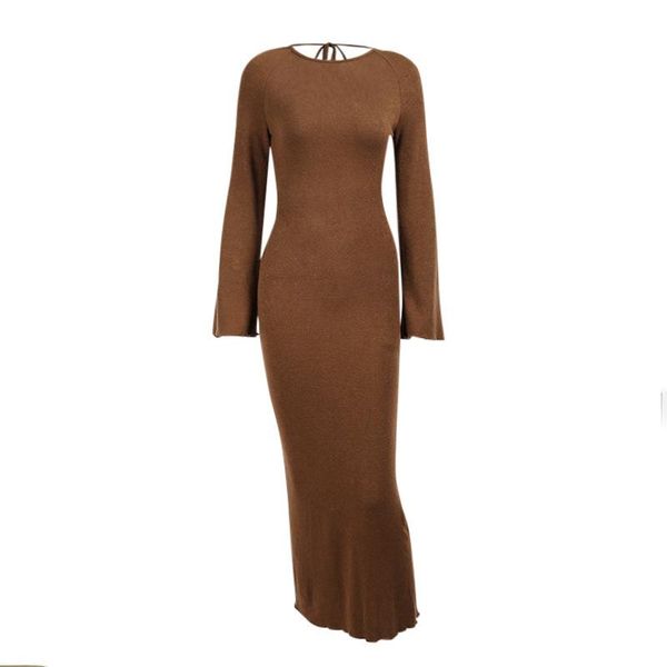 

casual dresses halter knitted dress backless lace up autumn long sleeve slim women beach streetwear party robe, Black;gray