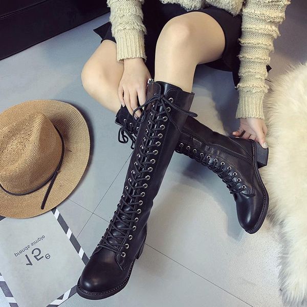 

boots british style high lace up women in women's thick heel medium knight, Black