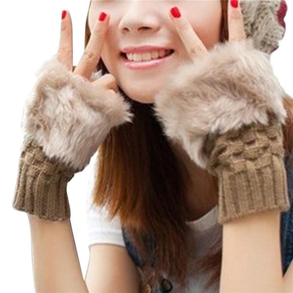 

five fingers gloves winter women plush faux fur knitting wool keep warm fashion short mitten fingerless lady girl half finger glove, Blue;gray