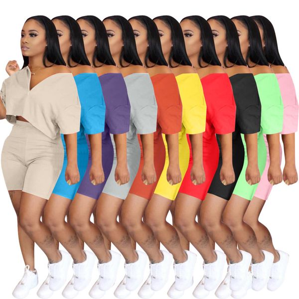 

women two pieces pants designer tracksuits v-neck bat short sleeve shorts solid colour ladies casual sportwear outfits, White