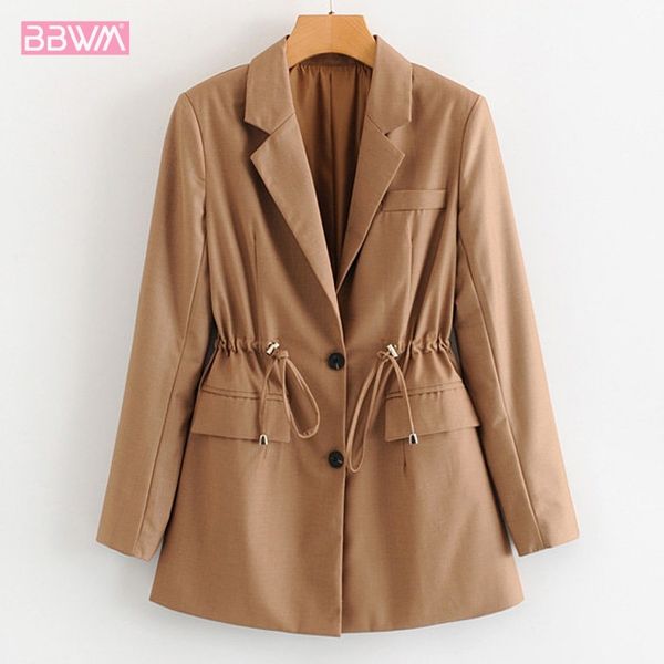 

solid color waist lapels drawstring long sleeve female coat autumn simple professional office women's jacket champagne 210507, Black;brown