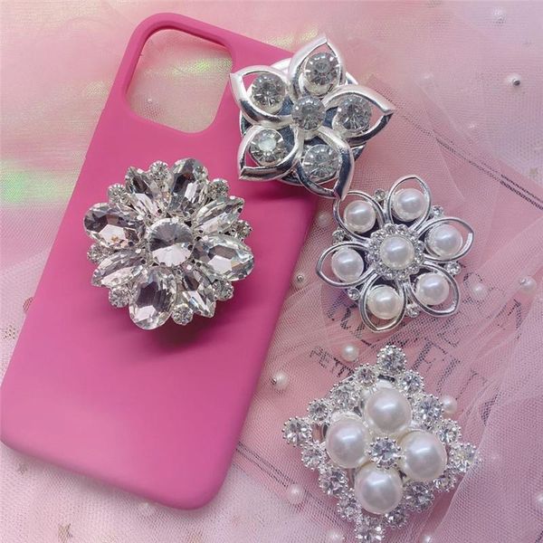 

cell phone mounts & holders luxury pearl flower diamond square mobile holder electroplated silver surface folding