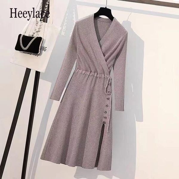 

casual dresses plus size knit dress 2021 autumn women v neck long sleeve solid sweater lady belted knitted mid-length, Black;gray