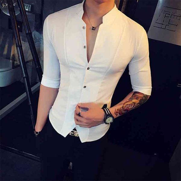 

stand collar chinese style shirt men slim fit korea clothes men half sleeve summer designer club shirt camisa masculina 210708, White;black