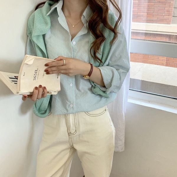 

korean striped basic classic vintage chic loose glirs streetwear pockets women all match brief blouses 210421, White