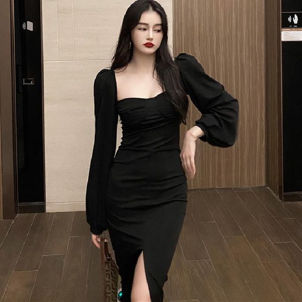 

casual dresses 2021 autumn french dress fairy ball gown elegant women's slim fit and square collar korea puff sleeve vestidos y2k, Black;gray