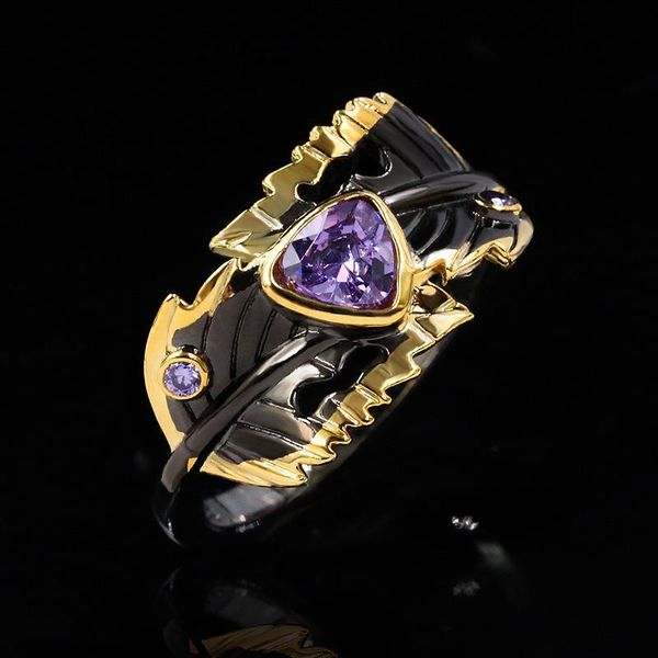 

silver vintage ring two leaves clip love purple zircon black gold female wedding party anniversary jewelry gift cluster rings, Golden;silver