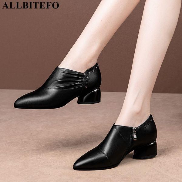 

dress shoes allbitefo size 34-42 rivets design real genuine leather women heels fashion women's kitten high heel for woman, Black