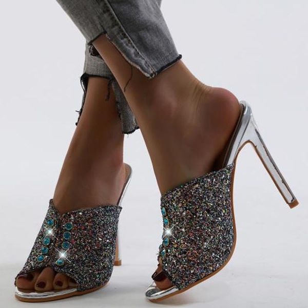 

slippers pzilae fashion women summer high heels sandals 2021 bling crystal peep toe slip on silver slides, Black