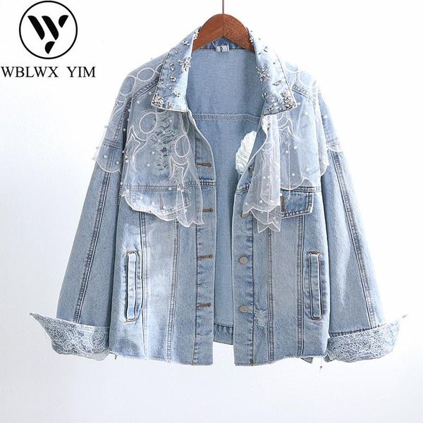 

women's jackets spring autumn jeans jacket women fashion mesh splice bead long sleeve denim basic coat female streetwear loose, Black;brown