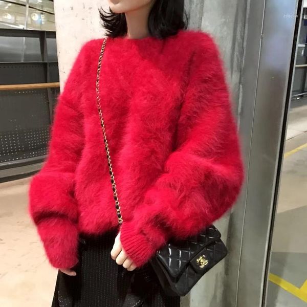 

women's sweaters jsxdhk plus size year for women winter mohair knitted thick warm red loose mink cashmere pullovers, White;black