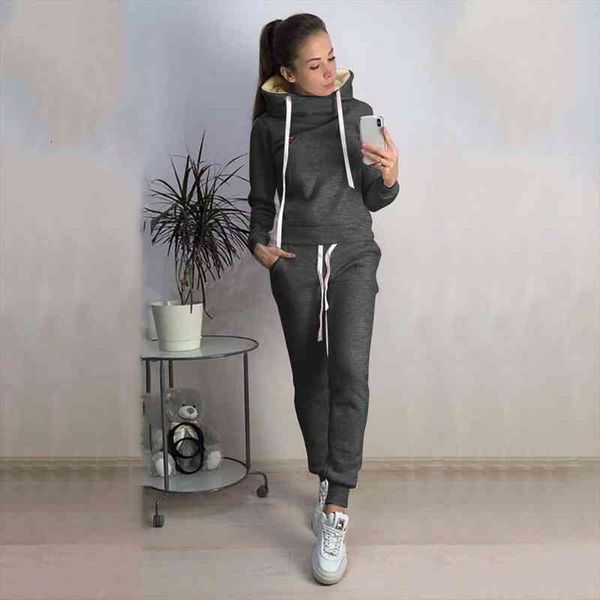 

spring casual tracksuit two women capris piece sets hooded long sleeve hoodies suit solid color sport pants suits, Black;white