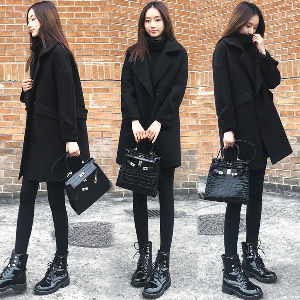 

women's wool & blends tailored collar korean style loose slimming double-breasted black woolen overcoat mid-length coat for women autum