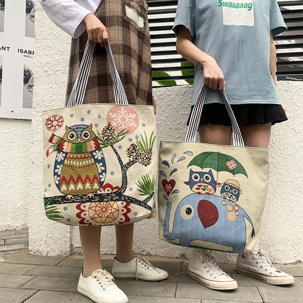 

evening bags women's ethnic style cartoon embroidery canvas handbag female casual tote ladies large capacity shopping bag shoulder