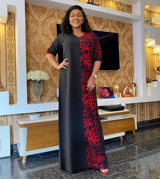 

african women's dress v-neck red leopard stitching loose oversized vestidos autumn female party maxi ropa 2021 mujer casual dresses, Black;gray
