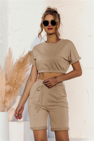

women's tracksuits casual short sleeve t shirt + drawstring pants suits ladies summer streetwear sportwear two pieces clothing set, Gray