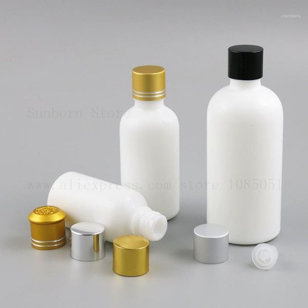 

storage bottles & jars empty white glass bottle 15ml 1oz 30ml 50ml 100ml perfume essential oil e liquid with aluminum gold silver cap 20pcs