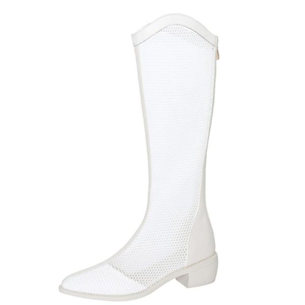 

air mesh women high boots mid-calf pointed toe med heels comfortable breathable summer shoes female plus size 43, Black