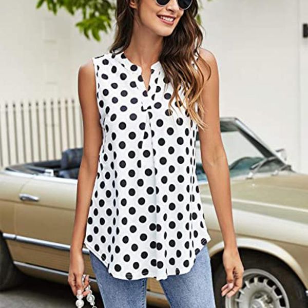 

women's blouses & shirts women polka dots sleeveless blouse casual slim long v-neck vest elegant office ladies blusas chemise femme 202, White