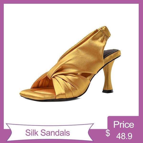 

silk satin pleated high heels women sandals 2021 summer catwalk brand design women's shoes ladies fashion plus sparty, Black