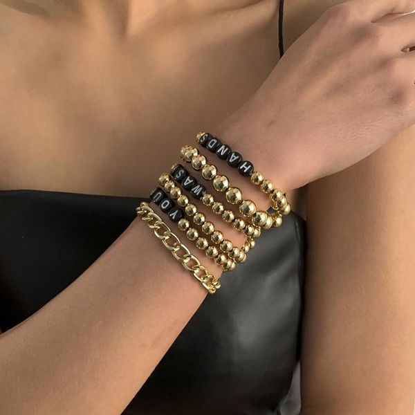 

link, chain 6pcs/set retro bossian simple metal letter bracelet for women punk personality hip hop party decoration fashion jewelry, Black
