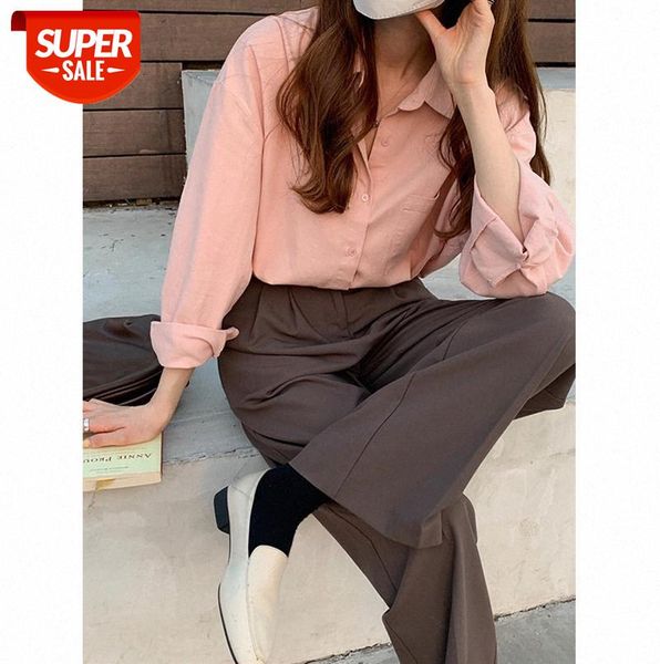 

tg all-match solid color cotton shirt women lazy loose lapel long-sleeved cardigan 13136 #gx1t, Black;gray