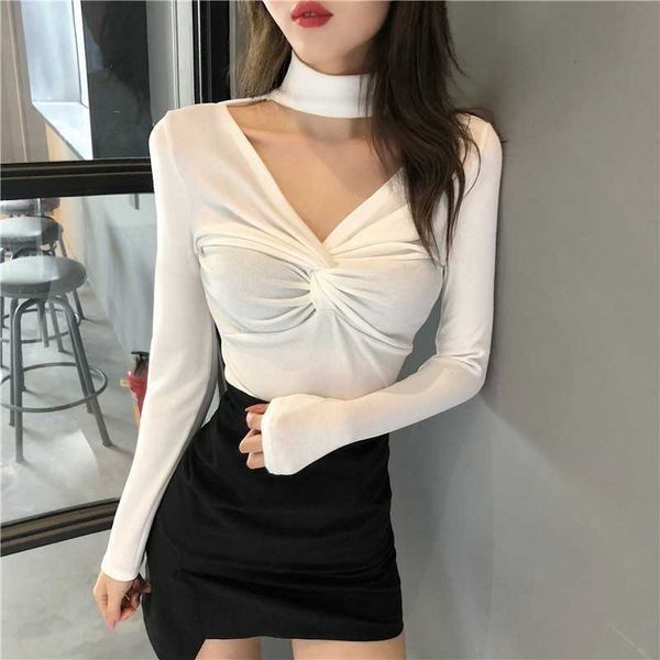 

spring deep v neck pullovers sweaters knitted stretch bottoming blouses long sleeve korean slim-fit tight sweater jumper 210601, White