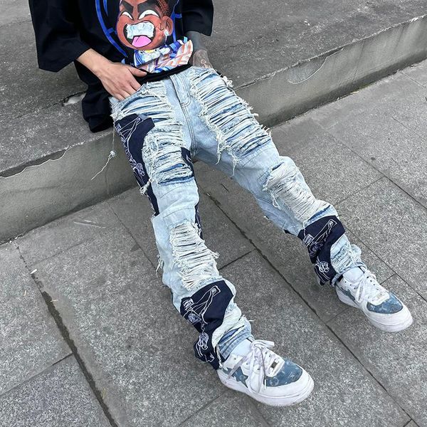 

men's jeans high street hole fringe embroidery pants mens color block tassel ripped retri denim trousers oversize baggy jean, Blue