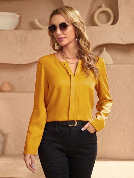 

solid notched neck blouse g27l#, White