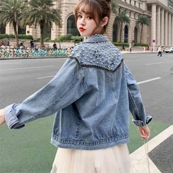 

spring autumn streetwear denim jacket women hand-studded rivet tassel chain short jeans loose casual outerwear 210519, Black;brown