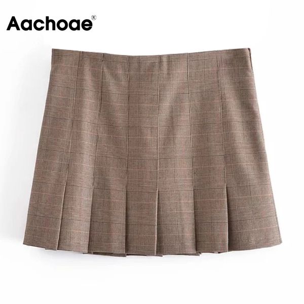 

aachoae summer vintage pleated skirt women zipper fly elegant plaid mini skirts fashion lady bottoms spodnica damska 210413, Black